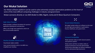 OTCQB:QUBT
High-Value Focused
Mukai provides a software foundation for quantum
application development and execution.
Offers a set of high-value applications where we
have demonstrable expertise.
Forward Compatible
Mukai operates today on both classical systems
and quantum systems.
Mukai solvers will then run better solely on
quantum processors once they demonstrate
performance advantage, but without needing to
rewrite code (preserving investment).
Our Mukai Solution
14
Market-Scalable Infrastructure
Cloud-based, highly scalable.
Users connect directly to QCs or via AWS via a
simplified user interface.
Broad Global Markets
We target markets where our software can be used
to solve high-value problems in optimization,
finance, healthcare, and government.
Our Mukai software platform can be used to solve extremely complex optimization problems at the heart of
some of the most difficult computing challenges in industry and government.
Mukai connects directly or via AWS Braket to IBM, Rigetti, IonQ and D-Wave Quantum Computers.
 