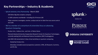OTCQB:QUBT
Key Partnerships – Industry & Academia
21
• Splunk (NASDAQ: SPLK) Partnership - March 2020
• $30 billion Big Data analytics company
• 17,500 customers worldwide—including 92 of Fortune 100
• Helps customers investigate, monitor, analyze and act on data from any source and at
any scale.
• We’re a member of a consortium of universities focus on advancing
Quantum Computing
• Purdue Univ., Indiana Univ., and Univ. of Notre Dame.
• Planned Industry/University Cooperative Research Center for Quantum Technologies,
currently seeking DoE and National Science Foundation (NSF) funding/grant.
• July 2020: QCI presented at 3-day virtual workshop on quantum computing.
• Hosted by Purdue Univ.
• Attendees included several prospective customers: AFRL, GE Research, Cummins,
and Eli Lilly.
NASDAQ: SPLK
 