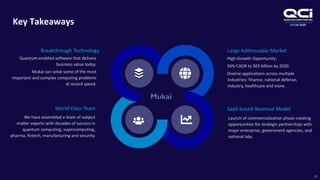 OTCQB:QUBT
Breakthrough Technology
Quantum-enabled software that delivers
business value today.
Mukai can solve some of the most
important and complex computing problems
at record speed.
SaaS-based Revenue Model
Launch of commercialization phase creating
opportunities for strategic partnerships with
major enterprise, government agencies, and
national labs.
Large Addressable Market
High-Growth Opportunity:
56% CAGR to $65 billion by 2030.
Diverse applications across multiple
industries: finance, national defense,
industry, healthcare and more.
World Class Team
We have assembled a team of subject
matter experts with decades of success in
quantum computing, supercomputing,
pharma, fintech, manufacturing and security.
Key Takeaways
25
 
