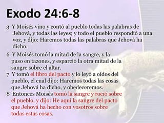 Exodo 24:6-8
3 Y Moisés vino y contó al pueblo todas las palabras de
Jehová, y todas las leyes; y todo el pueblo respondió a una
voz, y dijo: Haremos todas las palabras que Jehová ha
dicho.
6 Y Moisés tomó la mitad de la sangre, y la
puso en tazones, y esparció la otra mitad de la
sangre sobre el altar.
7 Y tomó el libro del pacto y lo leyó a oídos del
pueblo, el cual dijo: Haremos todas las cosas
que Jehová ha dicho, y obedeceremos.
8 Entonces Moisés tomó la sangre y roció sobre
el pueblo, y dijo: He aquí la sangre del pacto
que Jehová ha hecho con vosotros sobre
todas estas cosas.
 