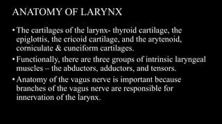 ANATOMY OF LARYNX
•The cartilages of the larynx- thyroid cartilage, the
epiglottis, the cricoid cartilage, and the arytenoid,
corniculate & cuneiform cartilages.
•Functionally, there are three groups of intrinsic laryngeal
muscles – the abductors, adductors, and tensors.
•Anatomy of the vagus nerve is important because
branches of the vagus nerve are responsible for
innervation of the larynx.
 