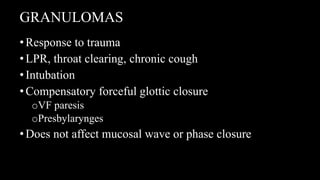 GRANULOMAS
•Response to trauma
•LPR, throat clearing, chronic cough
•Intubation
•Compensatory forceful glottic closure
oVF paresis
oPresbylarynges
•Does not affect mucosal wave or phase closure
 