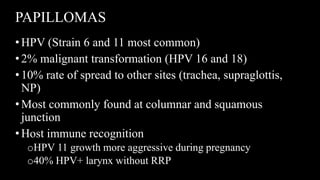 PAPILLOMAS
• HPV (Strain 6 and 11 most common)
• 2% malignant transformation (HPV 16 and 18)
• 10% rate of spread to other sites (trachea, supraglottis,
NP)
• Most commonly found at columnar and squamous
junction
• Host immune recognition
oHPV 11 growth more aggressive during pregnancy
o40% HPV+ larynx without RRP
 
