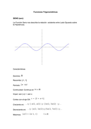 Funciones Trigonométricas


SENO (sen):

La Función Seno nos describe la relación existente entre Lado Opuesto sobre
la Hipotenusa.




Características


Dominio:

Recorrido: [-1, 1]

Período:

Continuidad: Continua en

Impar: sen (-x) = -sen x

Cortes con el eje OX:

Creciente en:

Decreciente en:

Máximos:
 