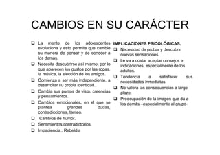 CAMBIOS EN SU CARÁCTER
La mente de los adolescentes
evoluciona y esto permite que cambie
su manera de pensar y de conocer a
los demás.
Necesita descubrirse así mismo, por lo
que aparecen los gustos por las ropas,
la música, la elección de los amigos.
Comienza a ser más independiente, a
desarrollar su propia identidad.
Cambia sus puntos de vista, creencias
y pensamientos.
Cambios emocionales. en el que se
plantea grandes dudas,
contradicciones, tanteo.
Cambios de humor.
Sentimientos contradictorios.
Impaciencia.. Rebeldía
IMPLICACIONES PSICOLÓGICAS.
Necesidad de probar y descubrir
nuevas sensaciones.
Le va a costar aceptar consejos e
indicaciones, especialmente de los
adultos.
Tendencia a satisfacer sus
necesidades inmediatas.
No valora las consecuencias a largo
plazo.
Preocupación de la imagen que da a
los demás –especialmente al grupo-
 