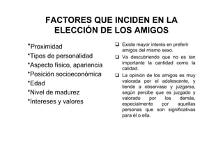FACTORES QUE INCIDEN EN LA
ELECCIÓN DE LOS AMIGOS
*Proximidad
*Tipos de personalidad
*Aspecto físico, apariencia
*Posición socioeconómica
*Edad
*Nivel de madurez
*Intereses y valores
Existe mayor interés en preferir
amigos del mismo sexo.
Va descubriendo que no es tan
importante la cantidad como la
calidad.
La opinión de los amigos es muy
valorada por el adolescente, y
tiende a observase y juzgarse,
según percibe que es juzgado y
valorado por los demás,
especialmente por aquellas
personas que son significativas
para él o ella.
 