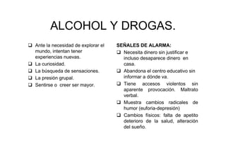 ALCOHOL Y DROGAS.
Ante la necesidad de explorar el
mundo, intentan tener
experiencias nuevas.
La curiosidad.
La búsqueda de sensaciones.
La presión grupal.
Sentirse o creer ser mayor.
SEÑALES DE ALARMA:
Necesita dinero sin justificar e
incluso desaparece dinero en
casa.
Abandona el centro educativo sin
informar a dónde va.
Tiene accesos violentos sin
aparente provocación. Maltrato
verbal.
Muestra cambios radicales de
humor (euforia-depresión)
Cambios físicos: falta de apetito
deterioro de la salud, alteración
del sueño.
 