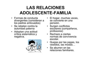 LAS RELACIONES
ADOLESCENTE-FAMILIA
• Formas de conducta
divergentes (consideran a
los padres anticuados)
• Se rebelan contra la
autoridad paterna
• Adoptan una actitud
crítica sistemática y
negativa.
• El hogar, muchas veces,
se convierte en una
pensión.
• Surgen conflictos
escolares (compañeros,
profesores)
• Rechazo a ciertas
normas de convivencia
escolar.
• Quejas por las pagas, los
vestidos, las modas…
• Se aburren en las
relaciones familiares.
 