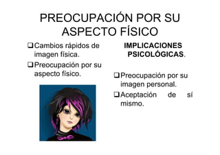 PREOCUPACIÓN POR SU
ASPECTO FÍSICO
Cambios rápidos de
imagen física.
Preocupación por su
aspecto físico.
IMPLICACIONES
PSICOLÓGICAS.
Preocupación por su
imagen personal.
Aceptación de sí
mismo.
 