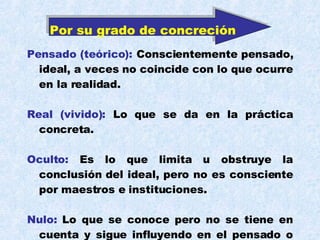 Pensado (teórico):  Conscientemente pensado, ideal, a veces no coincide con lo que ocurre en la realidad. Real (vivido):  Lo que se da en la práctica concreta. Oculto:  Es lo que limita u obstruye la conclusión del ideal, pero no es consciente por maestros e instituciones. Nulo:  Lo que se conoce pero no se tiene en cuenta y sigue influyendo en el pensado o real. Por su grado de concreción 