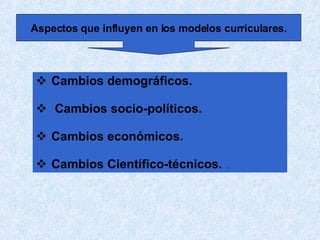 Cambios demográficos. Cambios socio-políticos.  Cambios económicos.  Cambios Científico-técnicos.   .  Aspectos que influyen en los modelos curriculares.   