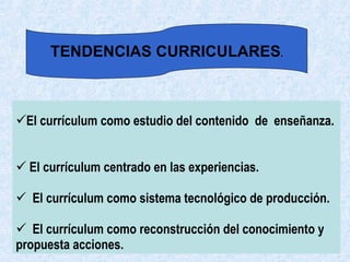 El currículum como estudio del contenido  de  enseñanza.  El currículum centrado en las experiencias.  El currículum como sistema tecnológico de producción.  El currículum como reconstrucción del conocimiento y propuesta acciones.   TENDENCIAS CURRICULARES . 