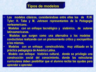Los  modelos clásicos, considerándose entre ellos los  de  R.W. Tyler; H. Taba y M. Johnson representantes de la Pedagogía norteamericana. Modelos  con un enfoque tecnológico y  sistémico,  de  autores latinoamericanos. Modelos que surgen como una alternativa a los modelos  conductistas realizando con un planteamiento crítico y sociopolítico a los mismos.  Modelos  con un enfoque  constructivista,  muy utilizado en la práctica pedagógica de América Latina.  Modelo con enfoque  histórico cultural,  donde se privilegia una construcción social del conocimiento, donde las estructuras curriculares deben posibilitar que el alumno reciba las ayudas para aprender a aprender .  Tipos de modelos 