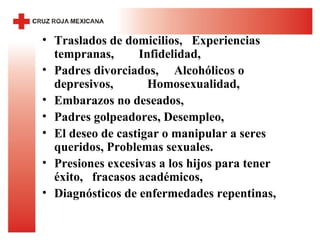 Traslados de domicilios,  Experiencias tempranas,  Infidelidad,  Padres divorciados,  Alcohólicos o depresivos,  Homosexualidad,  Embarazos no deseados,  Padres golpeadores, Desempleo,  El deseo de castigar o manipular a seres queridos, Problemas sexuales.  Presiones excesivas a los hijos para tener éxito,  fracasos académicos,  Diagnósticos de enfermedades repentinas,  