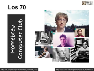 Homebrew
Computer
Club
http://www.wired.com/magazine/2010/04/ff_hackers/all/
http://en.wikipedia.org/wiki/Homebrew_Computer_Club
Los 70
 