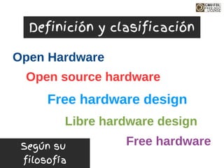 Definición y clasificación
Según su
filosofía
Open Hardware
Open source hardware
Free hardware design
Libre hardware design
Free hardware
 