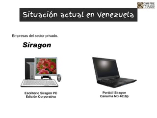 Empresas del sector privado.
Empresas del sector privado.
Portátil Síragon
Canaima NB 4010p
Escritorio Síragon PC
Edición Corporativa
Situación actual en Venezuela
 