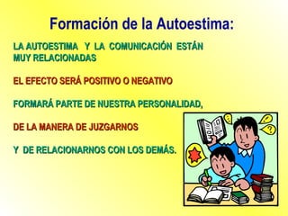 LA AUTOESTIMA  Y  LA  COMUNICACIÓN  ESTÁN MUY RELACIONADAS EL EFECTO SERÁ POSITIVO O NEGATIVO FORMARÁ PARTE DE NUESTRA PERSONALIDAD, DE LA MANERA DE JUZGARNOS Y  DE RELACIONARNOS CON LOS DEMÁS. Formación de la Autoestima: 