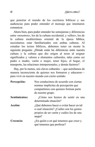 48 ¿QuéESLABIBLIA?
que penetrar el mundo de los escritores bíblicos y sus
audiencias para poder entender el mensaje que intentaron
comunicar.
Ahora bien, para poder entender las semejanzas y diferencias
entre «nosotros», los de la cultura occidental, y «ellos», los de
la cultura mediterránea oriental de la época bíblica,
necesitamos estar familiarizados con ambas culturas. Al
estudiar los textos bíblicos, debemos tener en mente la
siguiente pregunta: ¿Dónde están las diferencias entre nuestra
cultura y la cultura que dio origen al texto al asignar
significados y valores a elementos culturales, tales como ser
padre o madre, varón o mujer, tener hijos, el hogar, el
transporte, las relaciones interpersonales, y demás factores?
Hay, por lo menos, seis claves culturales —que asimilamos de
manera inconsciente de quienes nos formaron y educaron—
para vivir en nuestro mundo con cierto sentido:
Percepción: Nos conducimos de acuerdo con ciertas
normas implícitas de percepción que
compartimos con quienes forman parte
de nuestro grupo.
Sentimientos: ¿Cómo nos hemos de sentir en una
determinada situación?
Acción: ¿Qué debemos hacer o evitar hacer en tal
o cual situación? ¿Cuáles son los gestos
propios de un varón y cuáles los de una
mujer?
Creencia: ¿En quién o en qué tenemos que creer y
qué tenemos que profesar?
 
