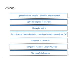 AvisosOptimizando con cuidado – podemos perder volumenOptimizar paginas de aterrizajeAlways be testingCiclo de venta (tiempo hasta la conversión y limitaciones medición GA)Influencia .vs ultimo clicComprar tu marca en Google AdwordsThe Long Tail of search7