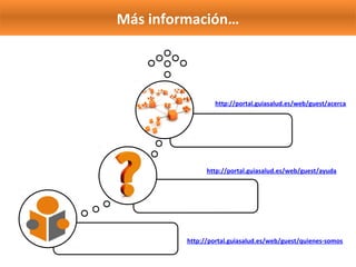 Más información…
http://portal.guiasalud.es/web/guest/ayuda
http://portal.guiasalud.es/web/guest/quienes‐somos
http://portal.guiasalud.es/web/guest/acerca
Quiénes somos
Ayuda
Acerca
 