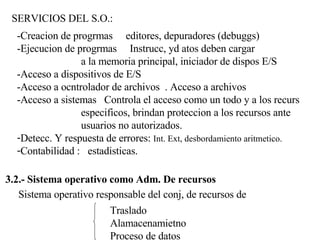 SERVICIOS DEL S.O.: -Creacion de progrmas  editores, depuradores (debuggs) -Ejecucion de progrmas  Instrucc, yd atos deben cargar a la memoria principal, iniciador de dispos E/S -Acceso a dispositivos de E/S -Acceso a ocntrolador de archivos  . Acceso a archivos -Acceso a sistemas  Controla el acceso como un todo y a los recurs especificos, brindan proteccion a los recursos ante  usuarios no autorizados. Detecc. Y respuesta de errores:  Int. Ext, desbordamiento aritmetico. Contabilidad :  estadisticas. 3.2.- Sistema operativo como Adm. De recursos Sistema operativo responsable del conj, de recursos de Traslado Alamacenamietno Proceso de datos 