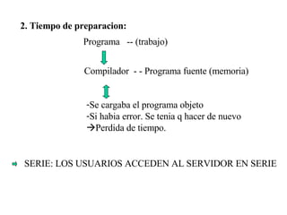 2. Tiempo de preparacion: Programa  -- (trabajo) Compilador  - - Programa fuente (memoria) Se cargaba el programa objeto Si habia error. Se tenia q hacer de nuevo  Perdida de tiempo. SERIE: LOS USUARIOS ACCEDEN AL SERVIDOR EN SERIE 