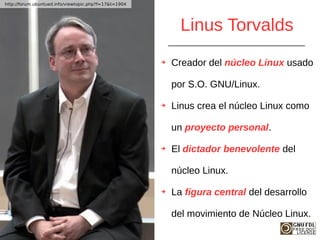 Linus Torvalds
➔ Creador del núcleo Linux usado
por S.O. GNU/Linux.
➔ Linus crea el núcleo Linux como
un proyecto personal...