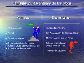 Ventajas y Desventajas de los blogs Fácil concreción Gratuito Estructura amena Soporte de sólidas Empresas  (Google, Grupo Clarín, Blogalia, etc) Actualización Permanente Ventajas Desventajas Tamaño tipo ”Hoja”. Sin Presentación de Apertura (Intro) Menor volumen que un Portal Falta de respaldo que  puede tener un  sitio. Prejuicio de usuarios. 
