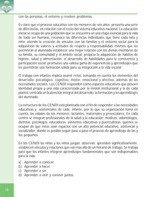 18
con las personas, el entorno y resolver problemas.
Es claro que el proceso educativo con los menores de seis años, presenta una serie
de diferencias, en relación con el resto del sistema educativo nacional. La educación
inicial se ocupa de una población que se encuentra en una etapa esencial para la vida
de todo ser humano, reconoce las diferencias individuales que tiene cada niña y
niño; atiende la creación de vínculos con las familias y el entorno social para la
adquisición de valores y actitudes de respeto y responsabilidad, mismos que les
permitirán al alumnado establecer una mejor relación con los demás miembros de
su familia, su comunidad y el ámbito social; propicia la adquisición de hábitos de
higiene, salud y alimentación; el desarrollo de habilidades para la convivencia y
participación social; promueve una valiosa gama de experiencias y aprendizajes que
les permitirán una formación sólida para su integración a la vida escolar.
El trabajo con infantes implica asumir retos, tomando en cuenta los elementos del
desarrollo: psicológico, cognitivo, motor, emocional y afectivo, además de las
necesidades sociales. Los CENDI responden como espacios educativos que poseen
identidad propia y una vida caracterizada por la misión institucional y la de cada
plantel, centrada en la atención integral del desarrollo, la formación y los aprendizajes
del alumnado.
La estructura de los CENDI está planteada con el fin de responder a las necesidades
educativas y asistenciales de cada infante, por lo que su organización toma en
cuenta, las edades de los menores: lactantes, maternales y preescolares. En cada
centro se integran profesionales de la salud y la educación; médicos, odontólogos,
dietistas, psicólogos, educadoras, asistentes educativas y puericultistas, quienes se
ocupan de que éstos sean espacios con un alto potencial educativo, asistencial y
socializador, donde es posible seguir paso a paso el proceso de aprendizaje de las y
los pequeños.
En los CENDI las niñas y los niños juegan, observan, aprenden significativamente,
establecen vínculos y relaciones que van más allá de un horario de trabajo. Se trabaja
para que los infantes integren aprendizajes fundamentales que son indispensables
para la vida:
a) Aprender a conocer.
b) Aprender a hacer.
c) Aprender a ser.
d) Aprender a vivir y convivir juntos.
 