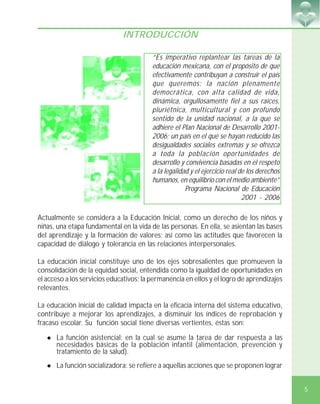 5
Actualmente se considera a la Educación Inicial, como un derecho de los niños y
niñas, una etapa fundamental en la vida de las personas. En ella, se asientan las bases
del aprendizaje y la formación de valores; así como las actitudes que favorecen la
capacidad de diálogo y tolerancia en las relaciones interpersonales.
La educación inicial constituye uno de los ejes sobresalientes que promueven la
consolidación de la equidad social, entendida como la igualdad de oportunidades en
el acceso a los servicios educativos; la permanencia en ellos y el logro de aprendizajes
relevantes.
La educación inicial de calidad impacta en la eficacia interna del sistema educativo,
contribuye a mejorar los aprendizajes, a disminuir los índices de reprobación y
fracaso escolar. Su función social tiene diversas vertientes, éstas son:
! La función asistencial: en la cual se asume la tarea de dar respuesta a las
necesidades básicas de la población infantil (alimentación, prevención y
tratamiento de la salud).
! La función socializadora: se refiere a aquellas acciones que se proponen lograr
“Es imperativo replantear las tareas de la
educación mexicana, con el propósito de que
efectivamente contribuyan a construir el país
que queremos: la nación plenamente
democrática, con alta calidad de vida,
dinámica, orgullosamente fiel a sus raíces,
pluriétnica, multicultural y con profundo
sentido de la unidad nacional, a la que se
adhiere el Plan Nacional de Desarrollo 2001-
2006; un país en el que se hayan reducido las
desigualdades sociales extremas y se ofrezca
a toda la población oportunidades de
desarrollo y convivencia basadas en el respeto
a la legalidad y el ejercicio real de los derechos
humanos, en equilibrio con el medio ambiente”
Programa Nacional de Educación
2001 - 2006
INTRODUCCIÓN
 