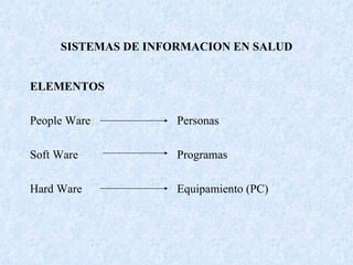 SISTEMAS DE INFORMACION EN SALUD ELEMENTOS People Ware Personas Soft Ware Programas Hard Ware Equipamiento (PC) 