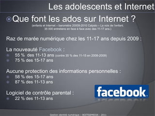 Facebook : + de 20.5 millions (en France 02/2011)Gestion identité numérique – BOITE@MEDIA - 2011