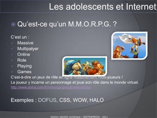Les adolescents et InternetOù les ados consultent-ils Internet ?Dans le bureau = 21.8 %