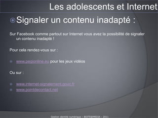 Les adolescents et InternetQuels sont les risques pour les ados ?Tchat et réseaux sociauxMauvaises rencontres (20 % garçons, 27 % filles)
