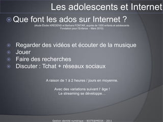 Echanger…Ex : Windows live (MSN), Facebook, les copains d’avant, Myspace, Twitter…Gestion identité numérique – BOITE@MEDIA - 2011