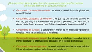 ¿Qué necesitan saber y saber hacer los profesores para enseñar ciencias
de manera efectiva en educación básica?
 Conocimiento del contenido a enseñar: se refiere al conocimiento disciplinario que
posee el profesor.
 Conocimiento pedagógico del contenido: o lo que hoy día llamamos didáctica de
ciencias, que integra el conocimiento disciplinario y pedagógico, es decir tanto el
dominio de los temas a enseñar como de las estrategias efectivas para enseñarlos.
 Conocimiento del currículo: la comprensión y manejo de los materiales y programas
que sirven como herramientas para la enseñanza.
 Conocimiento pedagógico general: los principios y estrategias generales para el
manejo del grupo y la organización de actividades en el espacio de enseñanza.
 Conocimiento sobre los aprendices: un conocimiento elemental de las características
físicas, intelectuales, sociales y afectivas de los estudiantes.
 