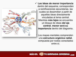  Las ideas de menor importancia
dentro del esquema, corresponden
a ramificaciones secundarias, las
cuales se desarrollan a partir de
aquellas ideas directamente
vinculadas al tema central.
Mientras más lejos se encuentre
un bloque de ideas del eje
central, menor será su
importancia dentro del diagrama.
 Los mapas mentales comprenden
una estructura orgánica radial,
compuesta por nodos conectados
entre sí.
 