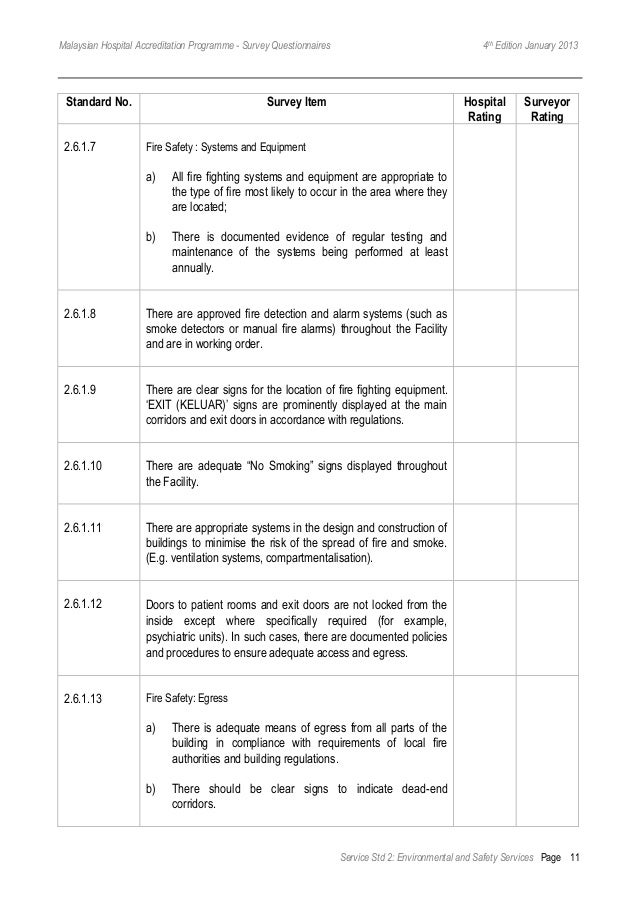 MSQH 4th Edition Standard 2 Environment and Safety Services Survey
