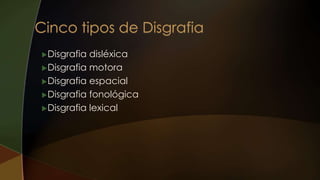 Disgrafia disléxica
Disgrafia motora
Disgrafia espacial
Disgrafia fonológica
Disgrafia lexical
 