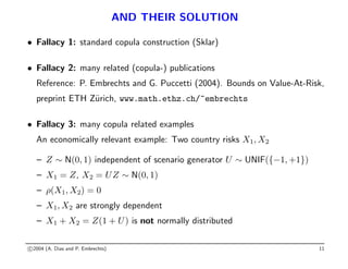 AND THEIR SOLUTION
• Fallacy 1: standard copula construction (Sklar)
• Fallacy 2: many related (copula-) publications
Reference: P. Embrechts and G. Puccetti (2004). Bounds on Value-At-Risk,
preprint ETH Zürich, www.math.ethz.ch/~embrechts
• Fallacy 3: many copula related examples
An economically relevant example: Two country risks X1, X2
– Z ∼ N(0, 1) independent of scenario generator U ∼ UNIF({−1, +1})
– X1 = Z, X2 = UZ ∼ N(0, 1)
– ρ(X1, X2) = 0
– X1, X2 are strongly dependent
– X1 + X2 = Z(1 + U) is not normally distributed
c 2004 (A. Dias and P. Embrechts) 11
 