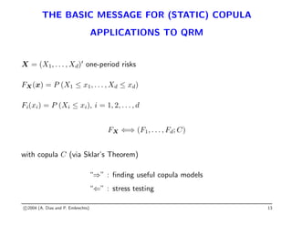 THE BASIC MESSAGE FOR (STATIC) COPULA
APPLICATIONS TO QRM
X = (X1, . . . , Xd)0
one-period risks
FX(x) = P (X1 ≤ x1, . . . , Xd ≤ xd)
Fi(xi) = P (Xi ≤ xi), i = 1, 2, . . . , d
FX ⇐⇒ (F1, . . . , Fd; C)
with copula C (via Sklar’s Theorem)
“⇒” : finding useful copula models
“⇐” : stress testing
c 2004 (A. Dias and P. Embrechts) 13
 