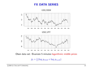 FX DATA SERIES
USD/DEM
1987 1988 1989 1990 1991 1992 1993 1994 1995 1996 1997 1998 1999
1.4
1.8
2.2
USD/JPY
1987 1988 1989 1990 1991 1992 1993 1994 1995 1996 1997 1998 1999
90
130
170
Olsen data set: Bivariate 5 minutes logarithmic middle prices
p̄t = 1
2 (log pt,bid + log pt,ask)
c 2004 (A. Dias and P. Embrechts) 23
 