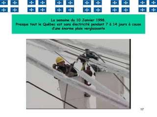 17
La semaine du 10 Janvier 1998.
Presque tout le Québec est sans électricité pendant 7 à 14 jours à cause
d‘une énorme pluie verglassante
 