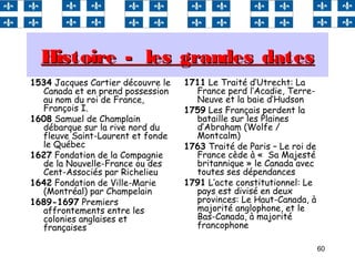 60
Histoire - les grandes datesHistoire - les grandes dates
1534 Jacques Cartier découvre le
Canada et en prend possession
au nom du roi de France,
François I.
1608 Samuel de Champlain
débarque sur la rive nord du
fleuve Saint-Laurent et fonde
le Québec
1627 Fondation de la Compagnie
de la Nouvelle-France ou des
Cent-Associés par Richelieu
1642 Fondation de Ville-Marie
(Montréal) par Champelain
1689-1697 Premiers
affrontements entre les
colonies anglaises et
françaises
1711 Le Traité d’Utrecht: La
France perd l’Acadie, Terre-
Neuve et la baie d’Hudson
1759 Les Français perdent la
bataille sur les Plaines
d’Abraham (Wolfe /
Montcalm)
1763 Traité de Paris – Le roi de
France cède à «  Sa Majesté
britannique » le Canada avec
toutes ses dépendances
1791 L’acte constitutionnel: Le
pays est divisé en deux
provinces: Le Haut-Canada, à
majorité anglophone, et le
Bas-Canada, à majorité
francophone
 