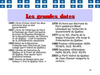 61
Les grandes datesLes grandes dates
1840 L‘Acte d‘Union réunit les deux
provinces sous un seul
gouvernement
1867 L’Acte de l’Amérique du Nord
britannique qui réunit les quatre
province du Nouveau-Brunswick,
de la Nouvelle-Ecosse, de l’Ontario
et du Québec - c’est la naissance
de la confédération canadienne
1960 Début de la Révolution
tranquille avec l’élection de Jean
Lesage (parti libéral du Québec)
1963 L’Armée de libération du
Québec et le Front de libération
du Québec font sauter leurs
premières bombes
1967 Charles de Gaulles lance son
fameux « Vive le Québec libre  »
1976 Victoire aux élections du
Parti québécois (René
Lévesque) qui recherche la
souveraineté du Québec
1977 La loi 101, Charte de la
langue française: elle exige la
francisation du Québec
1980 Premier référendum: NON:
59,56%; OUI: 40,44%
1995 Deuxième référendum:
NON: 50,6%; OUI: 49,4%
2003 Le Parti libéral du Québec
de Jean Charest remporte la
victoire
 