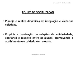 Universidade das Quebradas




               EQUIPE DE SOCIALIZAÇÃO


• Planeja e realiza dinâmicas de integração e vivências
  coletivas.


• Propicia a construção de relações de solidariedade,
  confiança e respeito entre os alunos, promovendo o
  acolhimento e o cuidado com o outro.



                     Linguagem e Expressão
 