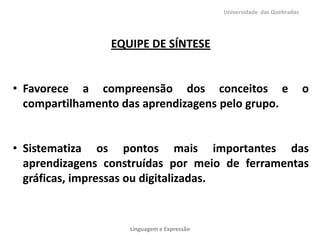 Universidade das Quebradas




                 EQUIPE DE SÍNTESE


• Favorece a compreensão dos conceitos e                                 o
  compartilhamento das aprendizagens pelo grupo.


• Sistematiza os pontos mais importantes das
  aprendizagens construídas por meio de ferramentas
  gráficas, impressas ou digitalizadas.


                    Linguagem e Expressão
 