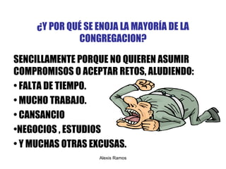 ¿Y POR QUÉ SE ENOJA LA MAYORÍA DE LA CONGREGACION? SENCILLAMENTE PORQUE NO QUIEREN ASUMIR COMPROMISOS O ACEPTAR RETOS, ALUDIENDO: FALTA DE TIEMPO. MUCHO TRABAJO. CANSANCIO NEGOCIOS , ESTUDIOS  Y MUCHAS OTRAS EXCUSAS. Alexis Ramos 