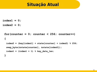 Situação Atual


index1 = 0;
index2 = 0;


for(counter = 0; counter < 256; counter++)
{
    index2 = (key[index1] + state[counter] + index2) % 256;
    swap_byte(&state[counter], &state[index2]);
    index1 = (index1 + 1) % key_data_len;

}




                                                              6
 